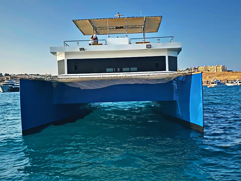 Bow view of the Qader Explorer catamaran's twin hulls