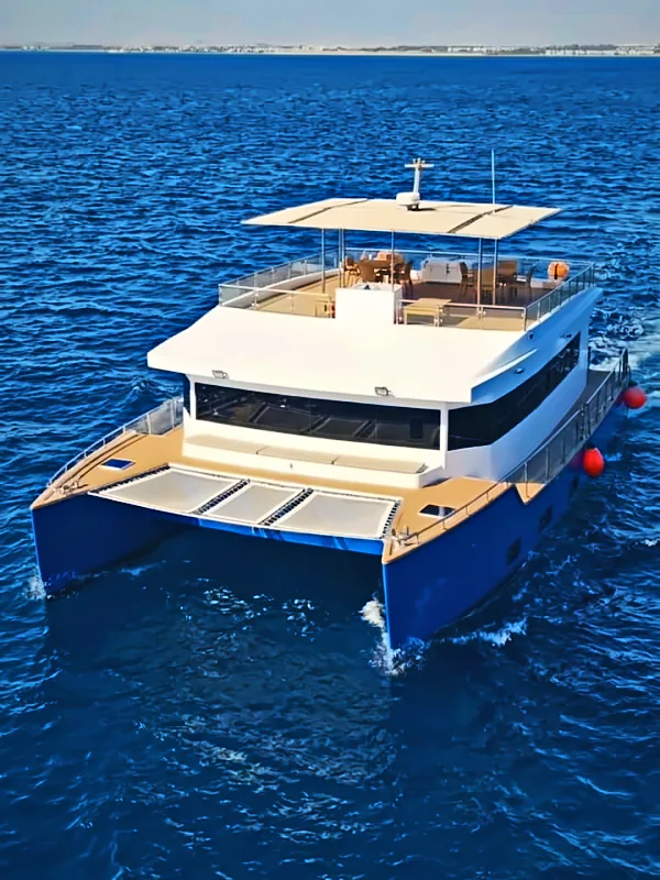 Aerial view of the Qader Explorer catamaran on the Red Sea