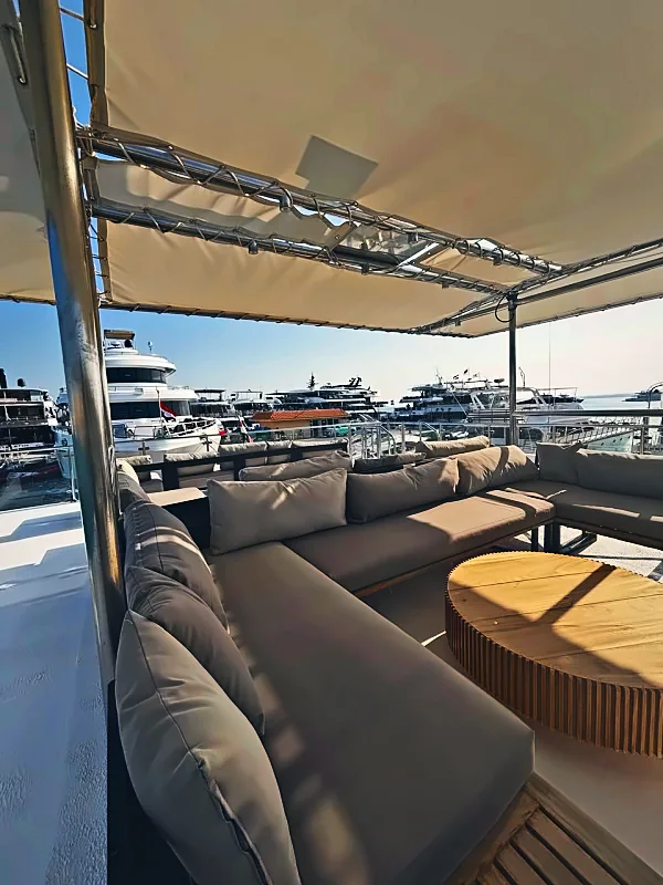 Shaded seating on Qader Explorer's upper deck