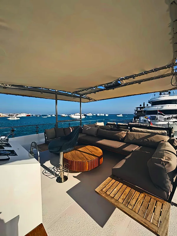 Sun deck seating on the Qader Explorer catamaran