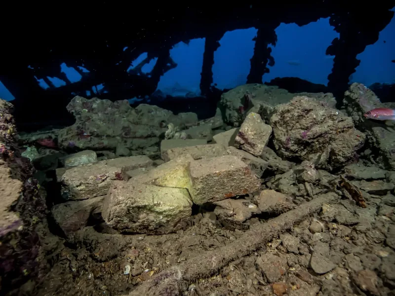 The Dunraven wreck, Sharm el-Sheikh — the upturned Victorian hull now draped in coral and glassfish