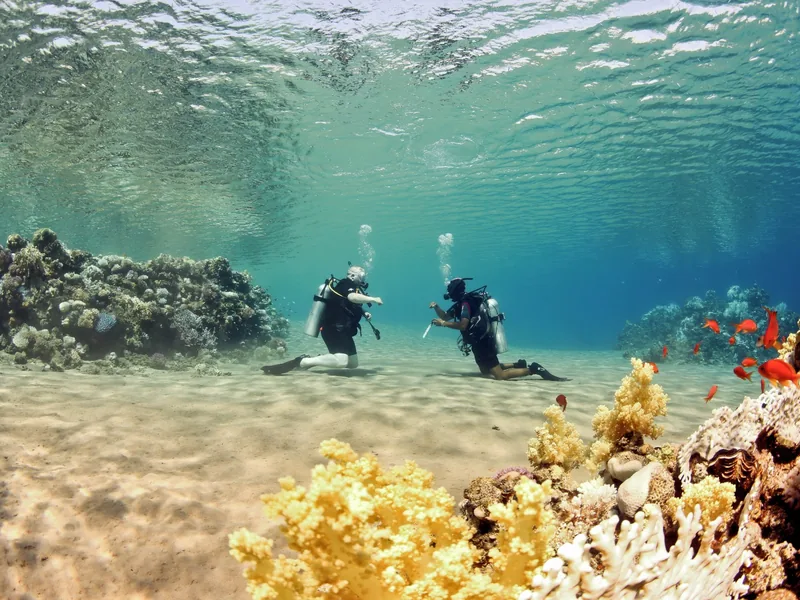 A new diver breathing calmly underwater beside an instructor, learning to scuba dive