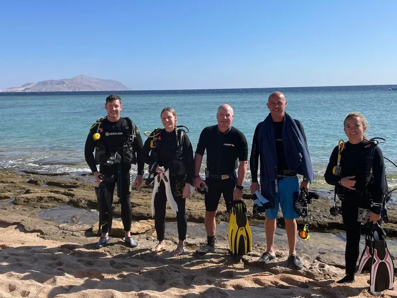 Scuba diving over a vibrant coral reef in the Red Sea, Egypt