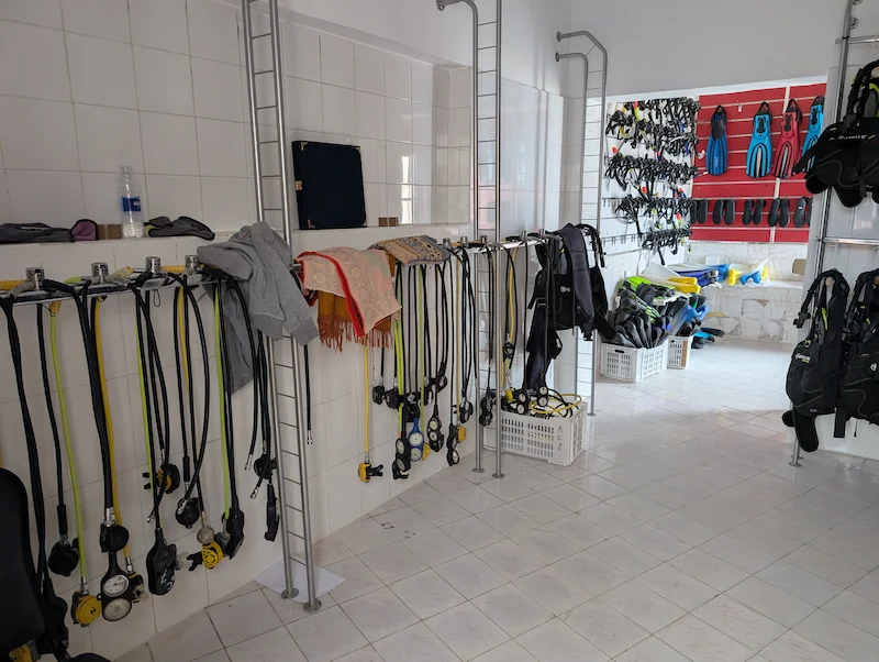 Scuba regulator and BCD being rinsed after a salt water dive